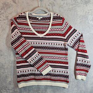 Croft & Barrow Womens V-Neck Fair Isle Sweater L Red Pink Black Cotton Blend
